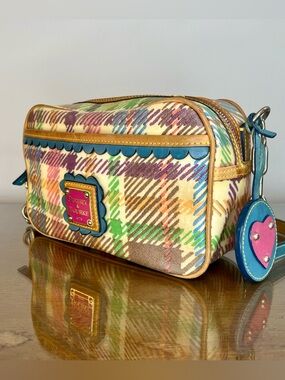 Dooney & Bourke Y2K Small Bag, Single Strap, Rainbow Plaid, Heart Charm, 9”x5”3”